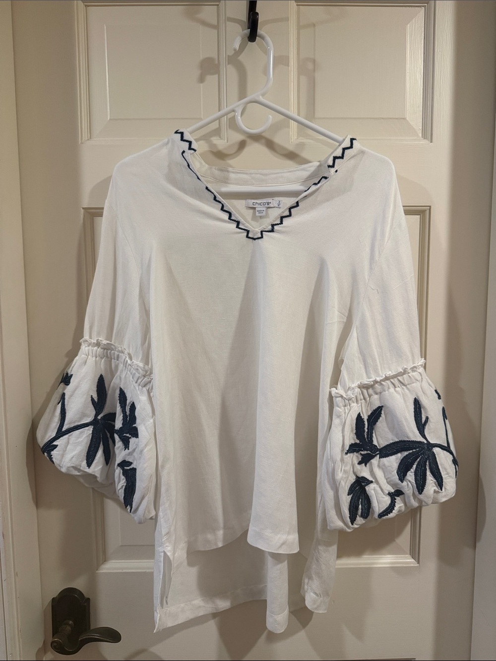 Chico's White Top with Navy Floral Embroidered Bell Sleeves